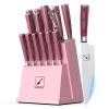 imarku 16-Pieces Stainless Steel Knife Block Set with Sharpener, Pink