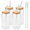 4 Set Beer Glass Cups with Bamboo Lids and Straws