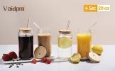 4 Set Beer Glass Cups with Bamboo Lids and Straws