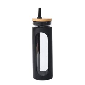 Glass Water Tumbler With Straw And Silicone Bamboo Lids (Capacity: 590ML, Color: Black)